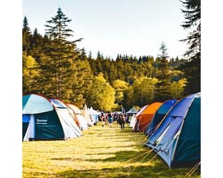 Outdoor adventure festival banner with tents and forest background