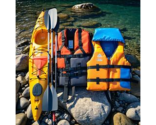 Close-up of premium kayak gear on rocky beach shore