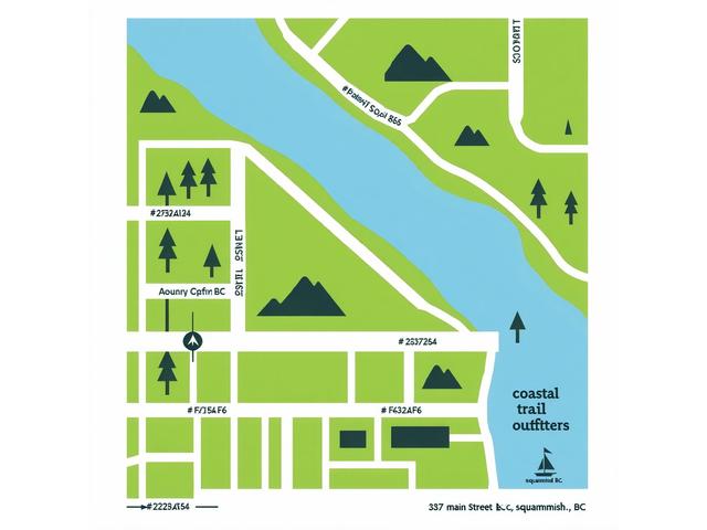 Static map placeholder showing the location of Coastal Trail Outfitters at 3872 Main Street, Squamish, BC