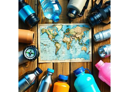 Assorted outdoor accessories such as water bottles, compasses, and headlamps.