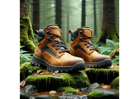 Waterproof hiking boots positioned on moss-covered stones.