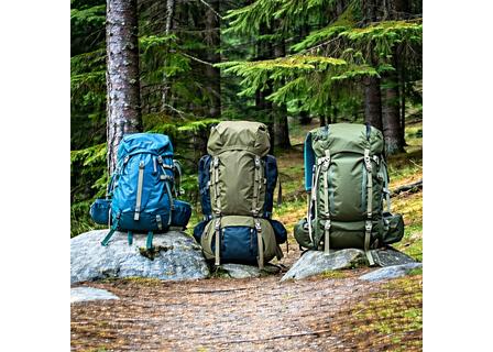 Daypack and hiking backpack displayed on natural rock formation.