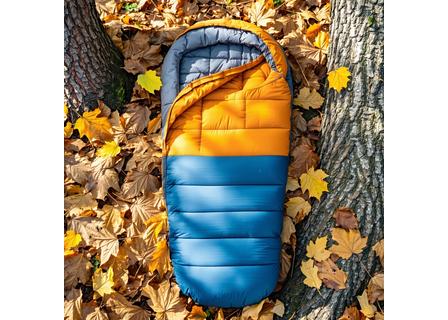 Sleeping bag and insulated sleeping pad laid out on forest leaf litter.