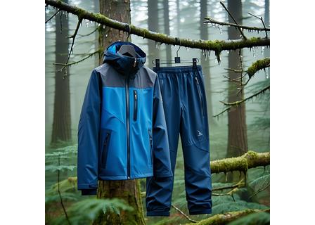 Technical outdoor jacket and pants hanging on tree branches.