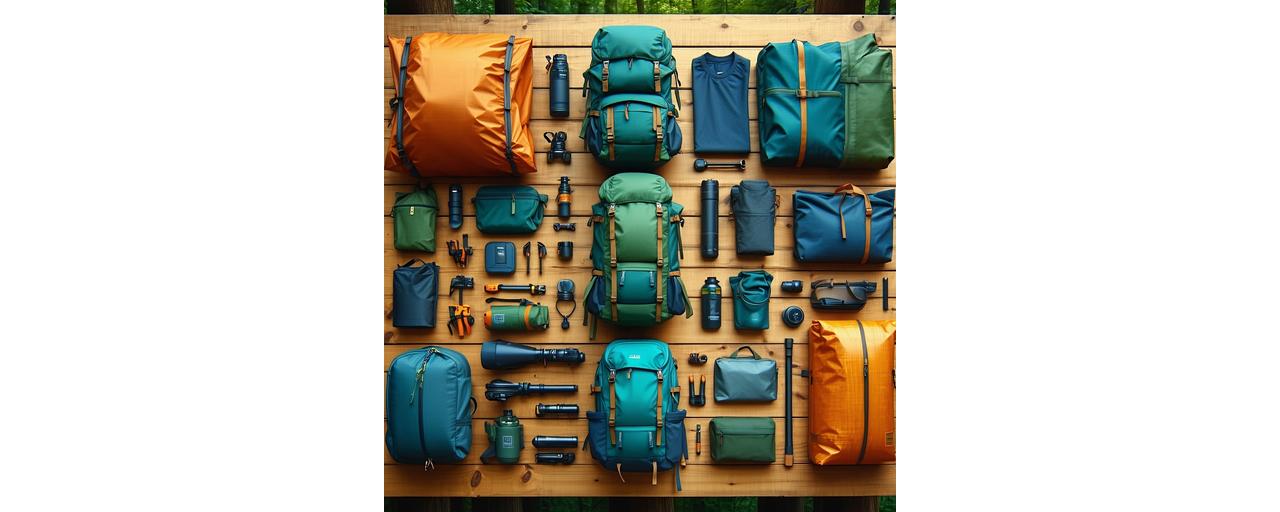 Spread of premium outdoor gear including tents, backpacks, and apparel on a wooden table.