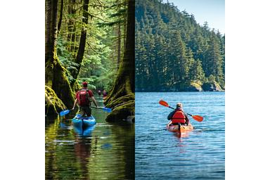 Guided hikers trekking through coastal forest and kayak trip on calm water