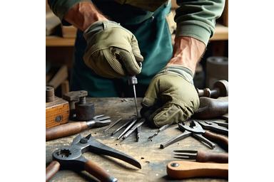 Close-up of technician repairing outdoor gear with detailed tools