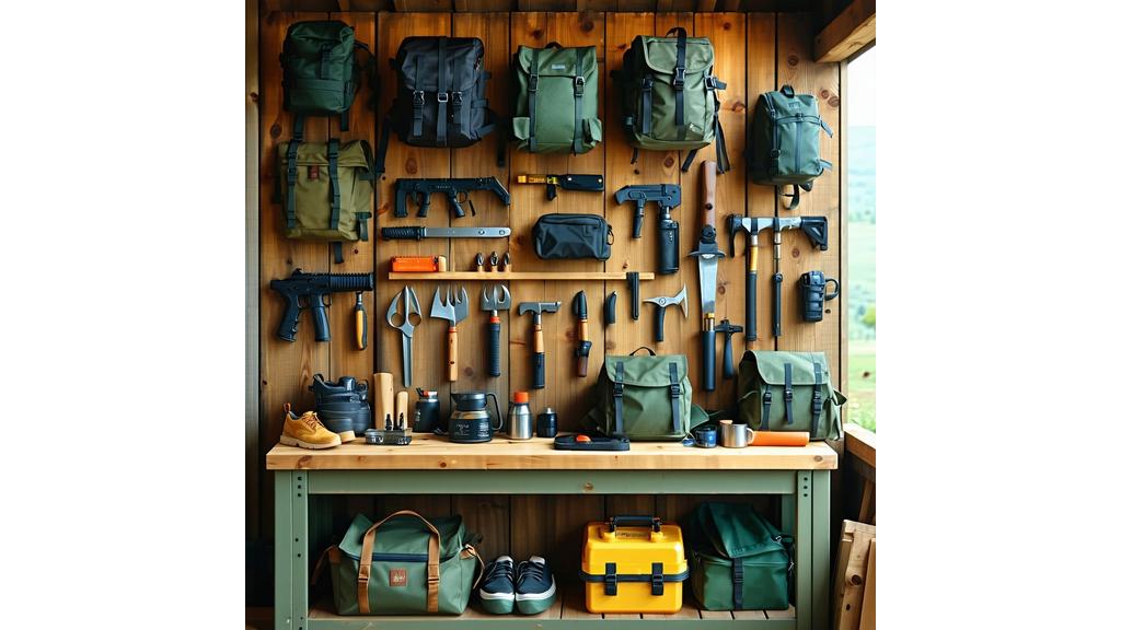 Workshop bench with outdoor camping gear under soft natural light