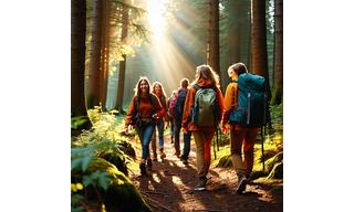 Group of happy hikers on forest trail during golden hour