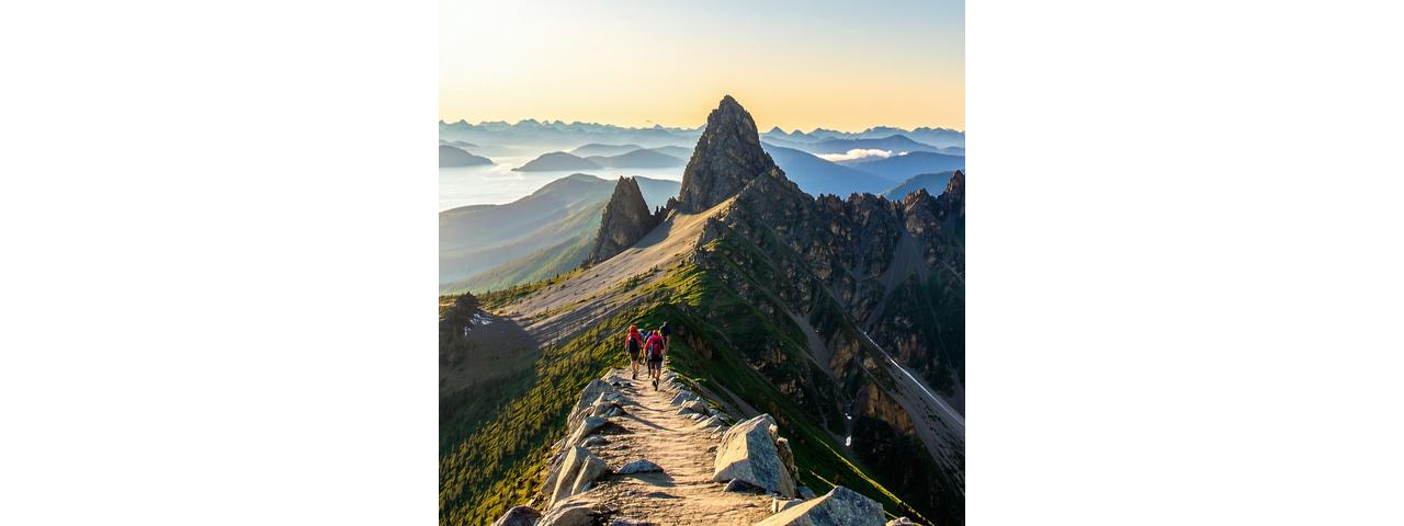 Hikers reaching a coastal mountain summit at sunrise