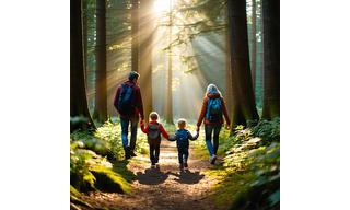 Family hiking on easy coastal forest trail with sunlight filtering through trees