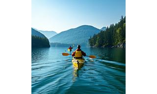 Kayakers paddling calm coastal bay surrounded by forested mountains