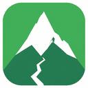 Icon of mountain trail and guide silhouette